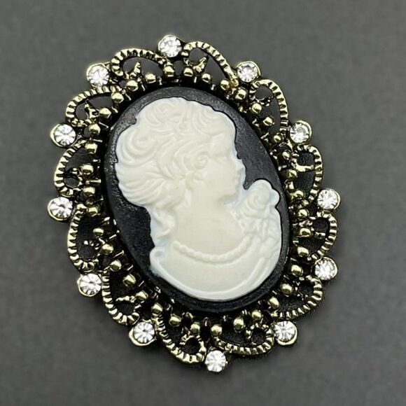 Yellow Gold and Black with Diamond Crystal Victorian Lady Cameo Pin Back Brooch - Picture 1 of 7